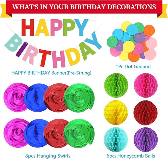 Colorful Birthday Decorations Kit - 16-Piece Set with Pre-Strung Happy Birthday Banner, Honeycomb Balls, Garland & Swirls | Rainbow Theme Party Supplies for Women Men Kids, Teens Adults