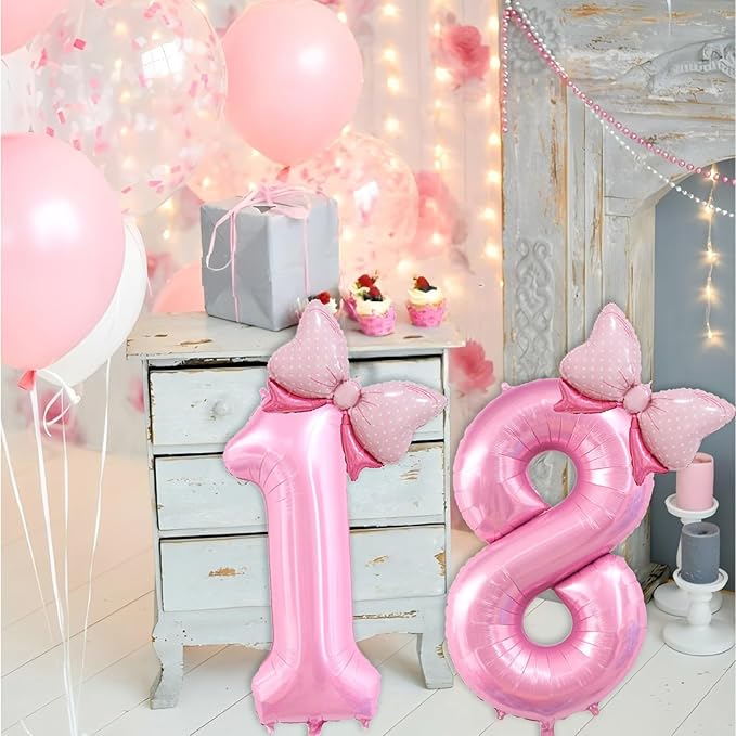 40 inch Number 18 Balloon with Bow Pink Happy Birthday Jumbo Number Balloons for Girls Daughter Birthday Decorations Party Supplies (Pink Number 18)