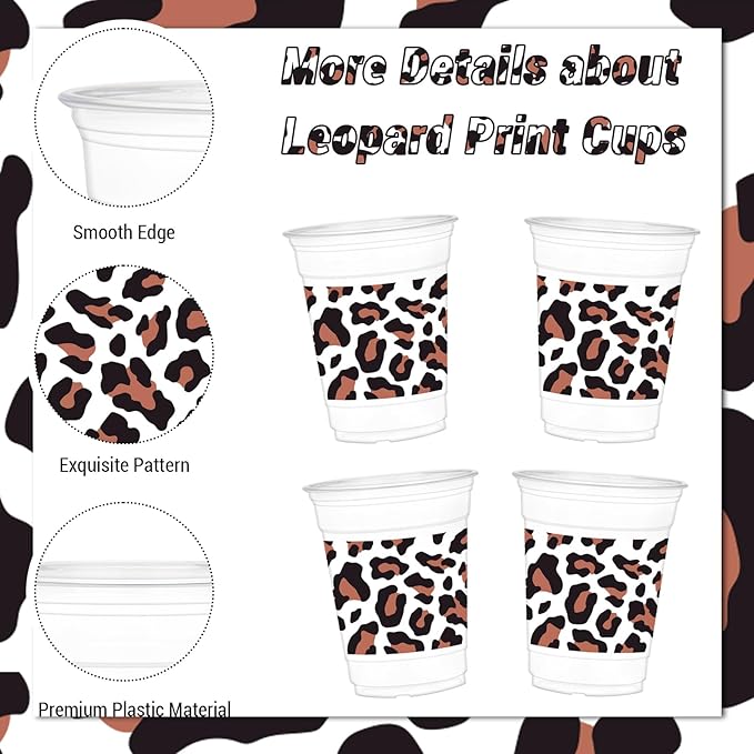 50Pcs Leopard Print Cups, 12 oz Clear Disposable Party Cups for Party Supplies Birthday Camping Barbecues Picnics Graduation Events
