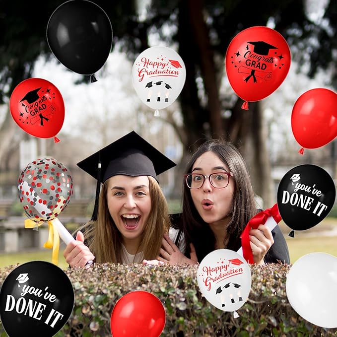 Red Black and White Balloons,12 Inch Print You've Done It Happy Graduation Balloon with Ribbon,for Graduation Class of 2025 Party Decoration Supplies