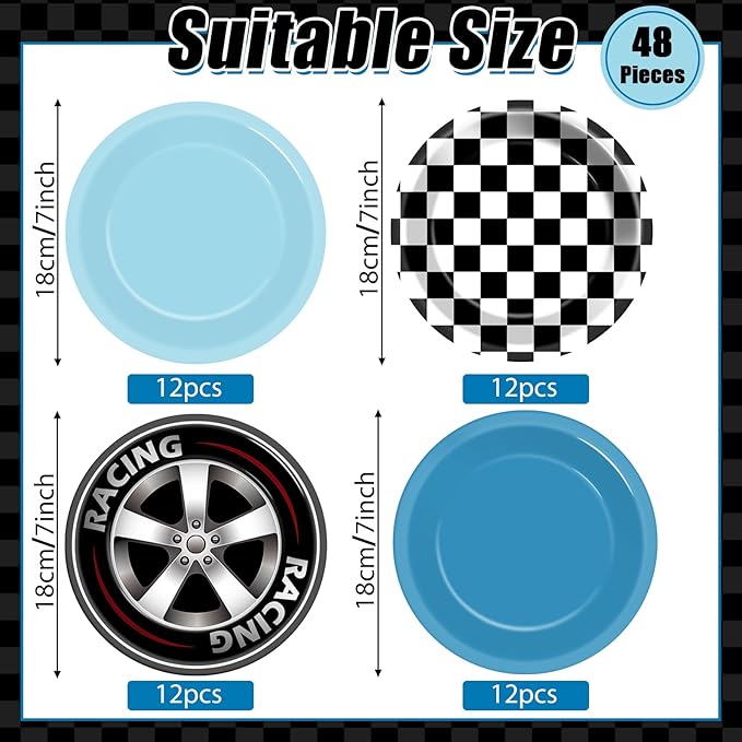 CHUNNIN 48Pcs Race Car Birthday Party Paper Plates for Theme Party Supplies 7" Black White Fast Paper Plates Blue Racing Car Disposable Tableware for Kids Boys Birthday Baby Shower Decorations