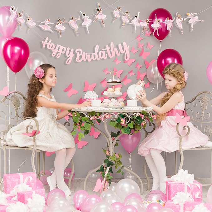 3 Pcs Ballerina Dancer Happy Birthday Banners Ballet Dancing Hanging Garland Pink Ballerina Party Decorations for Girls Women Birthday Wedding Ballet Theme Baby Shower Party Supplies