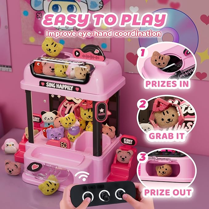 Claw Machine for Kids with Remote Control, Y2K Toy for Girls Age 3+, Girl's Birthday Gifts with Plush Toy and Capsules, Kawaii Room Decor for Teens, Girl Age 3 4 5 6 7 8 9 10 11 12