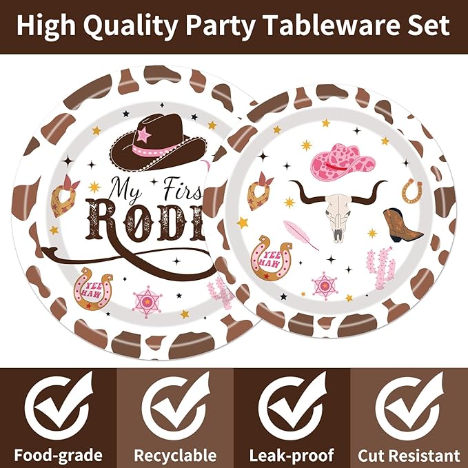 96PCS My First Rodeo Plates and Napkins Party Supplies Cowgirl Birthday Party Decorations Western Cowgirl Rodeo Disposable Tableware Set for 1st Birthday Serve 24 Guests