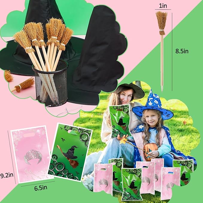 Pink and Green Party Favor Decorations 70Pcs Bubbles Notebooks Stamps Broom Pencils Plastic Straws Goodie Bags Wristbands for Birthday Theme Decor Gift Supplies