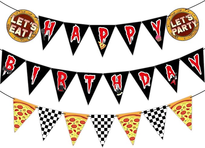 Night Party Decoration Horror Game Happy Birthday Banner Pre-Strung Black White Checkered Pizza Pennant Banner Flags Video Game Bunting Garland for Spooky Creepy Bear Themed Birthday Party Supplies