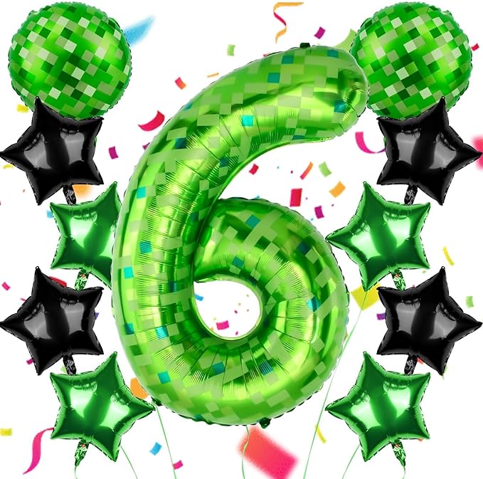 40 Inch Green Pixel Themed Number 6 Balloon Set Foil Balloon for Girls & Boys Birthday Party Decorations, Party Supplies & Favors (Number 6)