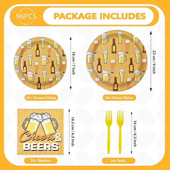 96Pcs Cheers and Beer Party Decorations Beer Birthday Plates and Napkins Tableware Set Summer Cheers Decorations for Men Wedding Bachelorette Bridal Shower Retirement Hawaii Party Supplies Serves 24