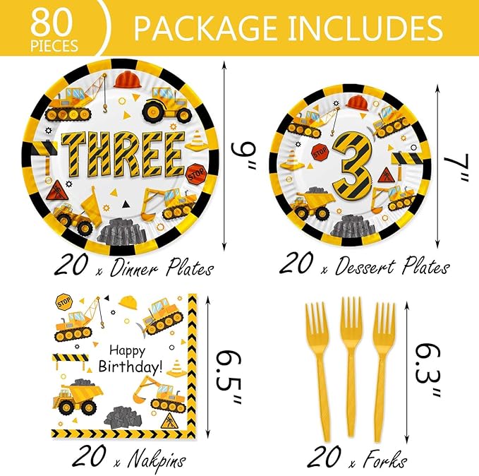 118 Pcs Construction 3rd Birthday Decor Construction Three Years Old Paper Dinner Plates Napkins Forks Cups Tablecloth Banner Dinnerware for Dump Truck Theme 3rd Bday Party Supplies Decorations