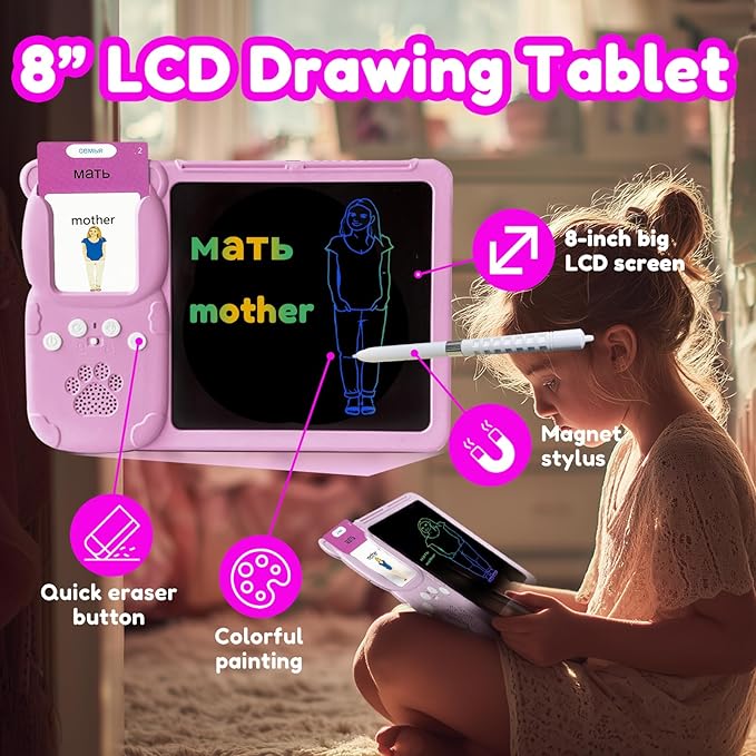 Drawing Tablet with Bilingual Flashcards for Kids - Russian English Talking Flash Cards, LCD Writing Pad Board, Pocket Speech for Toddlers, Learning Toy Gift for Boys Girls (Russian, Pink)
