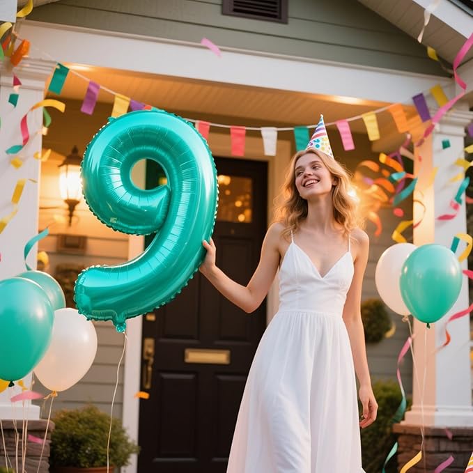 40 Inch Teal Blue Balloon Number 9,Jumbo Mylar Foil Helium Balloon for 9 19th 29th 39th 90th 99th Digital Balloons for Birthday Party,Wedding Anniversary Party Decorations