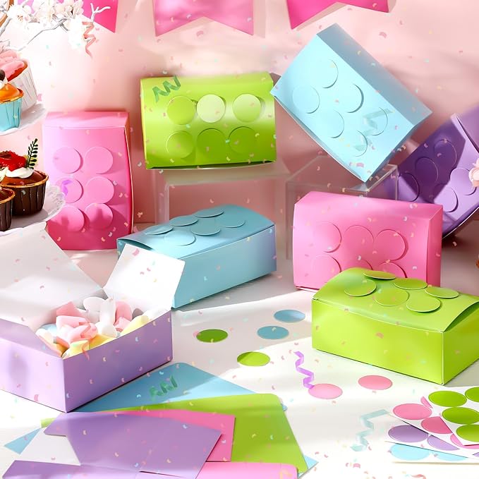 Leinuosen 24 Pieces Building Block Party Favor Boxes 4 Color DIY Brick Theme Gift Goodie Treat Candy Cardboard Paper Box for Building Block Birthday Party Baby Shower Decoration Supplies(Light)