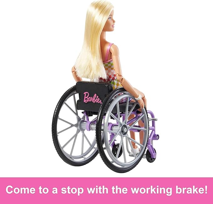 Barbie Doll with Wheelchair and Ramp, Kids Toys and Gifts, Blonde, Barbie Fashionistas, Rainbow Romper, Clothes and Accessories