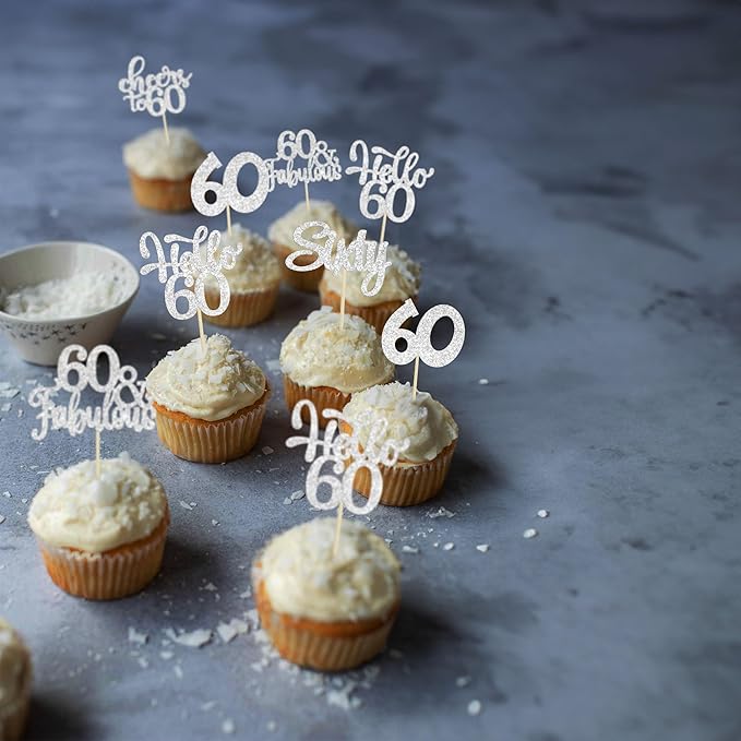 30Pcs Happy 60th Birthday Cupcake Toppers Silver Glitter Sixty Cake Toppers Cheers to 60 Years Old Birthday Cupcake Picks for 60th Anniversary Party Cake Decorations Supplies