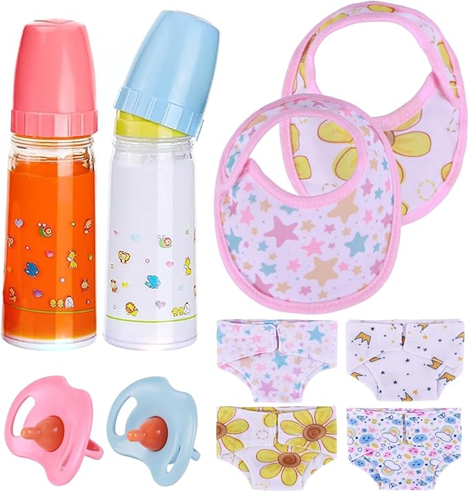 BABESIDE Baby Doll Accessories Set - 10 Pcs Feeding and Caring Set for 12-15 Inches Dolls Including Bottles with Disappearing Milk, Pacifier, Bibs, Diapers, Pretend Play Accessories for Kids