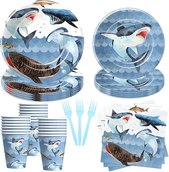 Shark Birthday Plates And Napkins Party Supplies - Ocean Under The Sea Shark Birthday Decorations Tableware, Paper Plate, Cup, Napkin, Disposable Fork, Serves 24