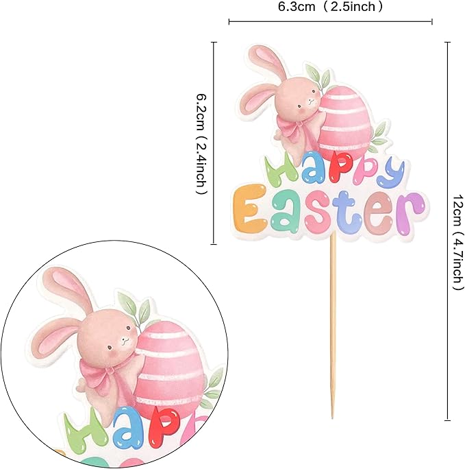 Ercadio 24Pcs Printed Happy Easter Cupcake Toppers Cute Easter Rabbit Eggs Cupcake Picks for Easter Baby Shower Kids Boys Girls Birthday Party Cupcake Decoration Supplies