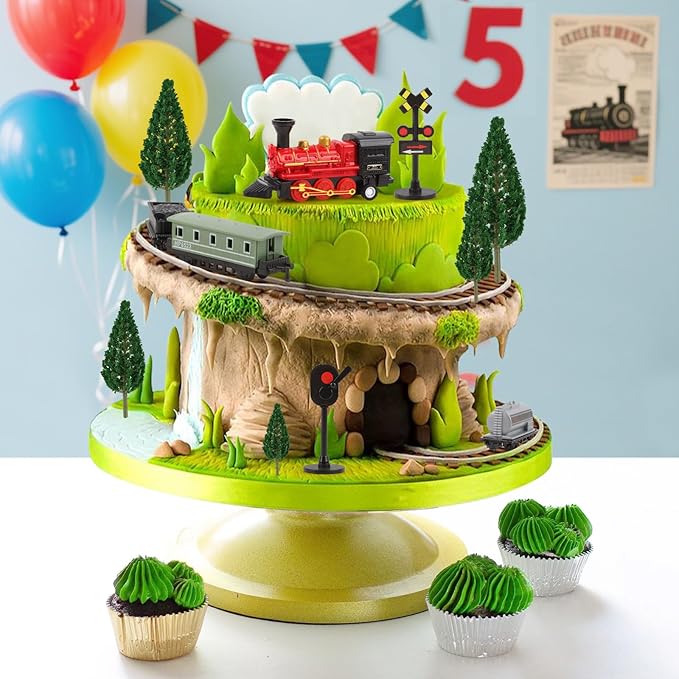 Hooqict 12Pcs Train Cake Topper Birthday Party Decorations Train Cake Decorations Set with Mini Railroad Track, Traffic Light, Railroad Crossing Sign Cake Toppers for Kids Boys Birthday Party Supplies