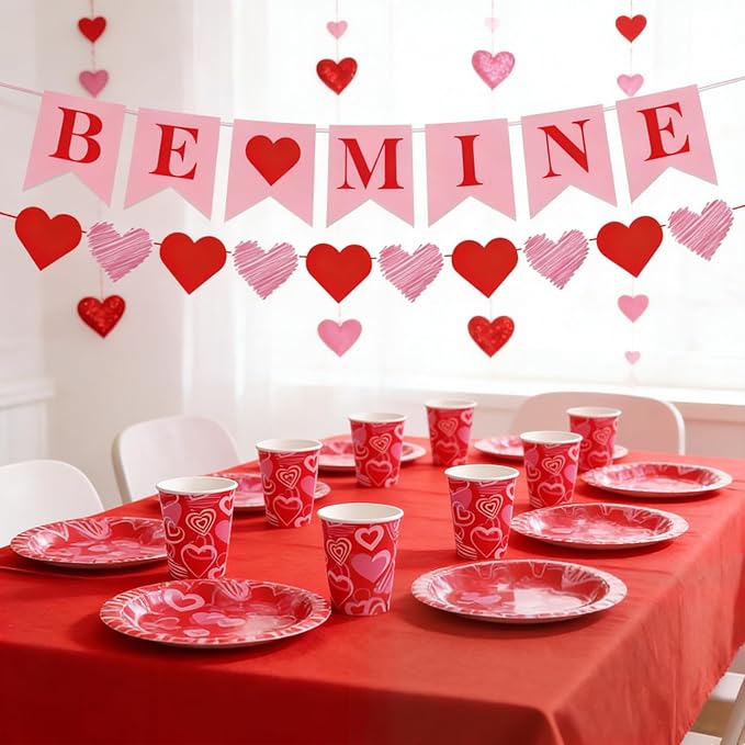Valentine's Day Party Supplies Serve 24, 97 Pcs Hot Heart Love Disposable Paper Plates Napkins Cups Plastic Tablecloth with Banner for Valentine's Day, Engagements, Anniversary, Birthday Party