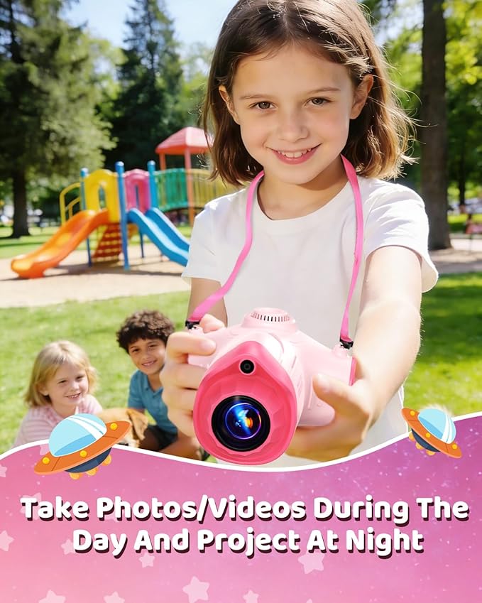 Kids Camera with Projector, 1080P HD Digital Camera for Kids Ages 3-12, 48MP Photo Video Recorder with Stand 32GB SD Card Included, Christmas Birthday Gifts Toy for Girls Boys (Pink)