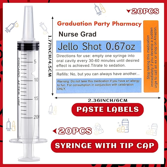 40 Pcs Nursing Graduation Party Supplies, 20 Pcs Plastic Syringes for Drinks, 20 Sticky Labels, Class of 2026 Graduation Decoration Nurse Party Supplies Bsn Rn Lpn Gift(20 ml)