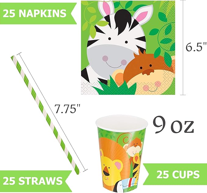 Jungle Animals Party Supplies (Animal Plates, Cups, Napkins, Straws (25 serves))