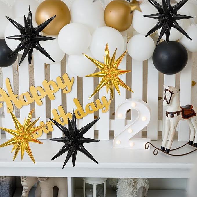 6 Pcs Gold Black Star Foil Balloons One-Piece 14-Pointed Star Balloon 4D Starburst Cone Mylar Balloon 22inch Christmas Birthday Wedding Wedding Anniversary Party Supplies (Gold + Black)