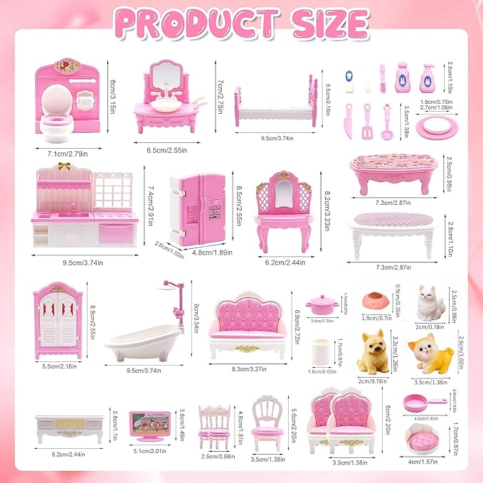 36Pcs Dollhouse Furniture Sets,Miniature 1:12 Scale Doll House Accessories and Furniture with Cat,Dog,Kitchen, Dining Room, Living Room,Bedroom for Playhouse Toy(Pink)
