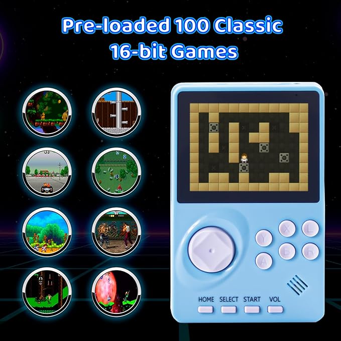 Kids Handheld Video Game Console Built in 100 16-bit Games, Handheld Retro Gaming Console, Trave-friendly Game Console, 2.8" Color Screen, Rechargeable Battery, Handheld Game for Boy Girl (Light Blue)