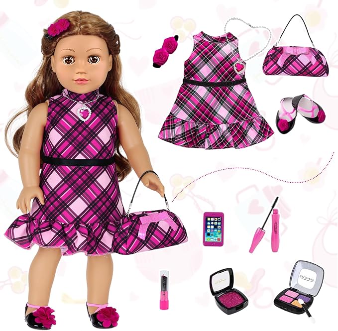 American 18 Inch Dolls Makeup Accessories and Clothes,Fashion Dress Tote Bag for 18" Doll Include Outfits Shoes Cosmetic Toys Stuff Gift for Baby Girl (No Doll)