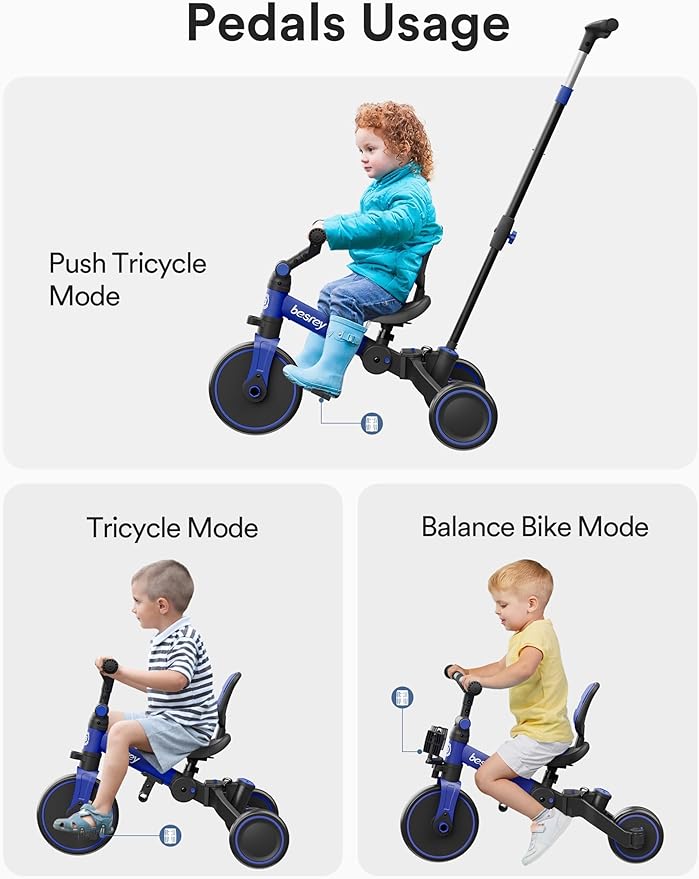 besrey 4 in 1 Toddler Bike, Toddler Tricycle for 1-3 Year Old, Trike with Push Handle, Backrest and Safety Belt, Birthday Gifts and Toys for Boys and Girls, Balance Bike (Dark Blue)