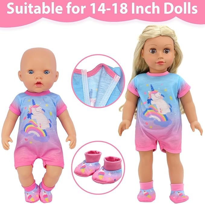 4 Set Doll Clothes, Baby Doll Clothes for 14 -16 Inch, 18 Inch Girl Doll Clothes Outfits and Accessories 7 Pcs Include Jumpsuit, Dresses, Headbands, Hats, Shoes (No Dolls)
