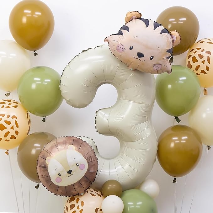 Jungle Safari Birthday Balloons, Animal Balloons Birthday Party Supplies for Safari Birthday Wedding Shower Party Decorations (Cream, Number 1)