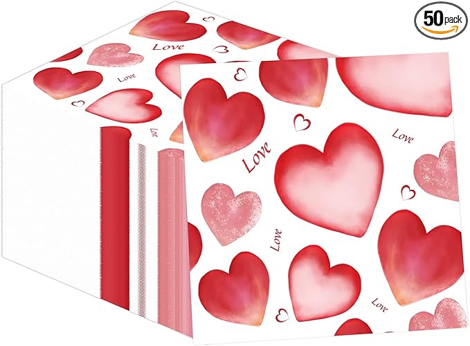 50PCS Valentines Day Paper Napkins - 13 X 13 Inch 2-Ply Disposable Paper Napkins with Pink Heart Design for Valentine's Parties, Weddings, Anniversaries Party Decoration