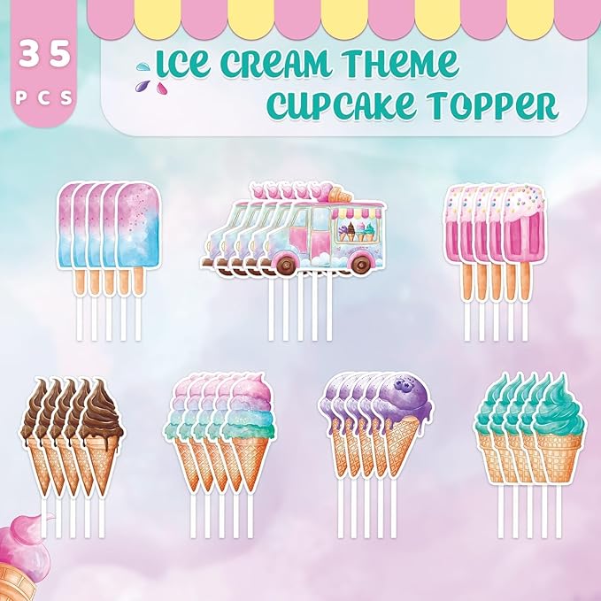 WERNNSAI 35 PCS Ice Cream Cupcake Toppers - Ice Cream Summer Birthday Party Cake Decorations for Kids Girls Ice Cream Cake Toppers Picks Sweet Cake Decors Summer Birthday Party Supplies