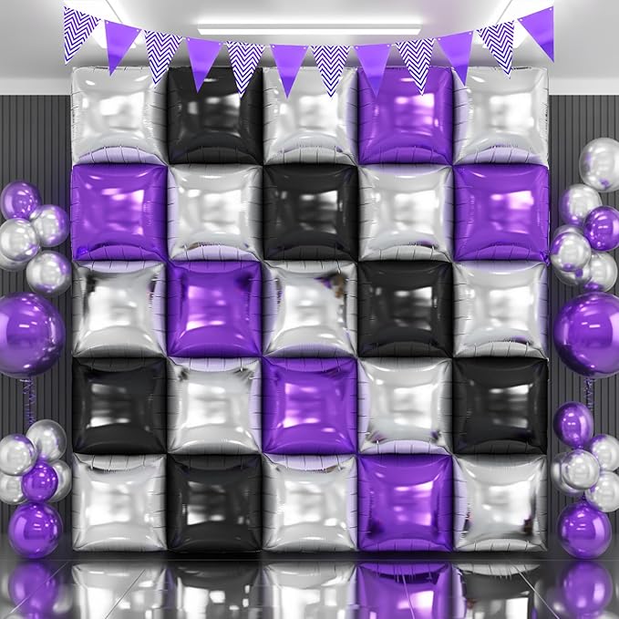 Black Purple Silver Foil Balloon Wall,25Pcs Double Sided Balloons Backdrop Helium Balloon Tunnel Arch Garland Kit for Birthday Graduations Anniversary Baby Shower Party Decorations