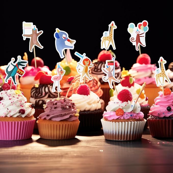 24 Pcs Animal Parade Cupcake Toppers Safari Cupcake Picks Woodland Jungle Cake Decorations for Jungle Theme Baby Shower Zoo Wild Animal Birthday Party Supplies