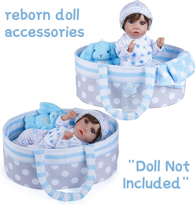 BABESIDE 8 Pcs Baby Doll Clothes Set with Bassinet for 8-10-12 Inch Dolls, Cute Baby Doll Clothes and Accessories Set for Realistic Babydolls Boy, Blue