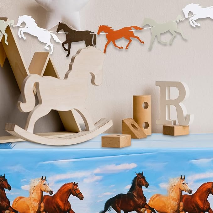 Outus Horse Party Decorations - 4 Pieces Supplies Including 2 Plastic Tablecloths and 2 Horse Garland Paper Banners for Themed Party Racing Activity