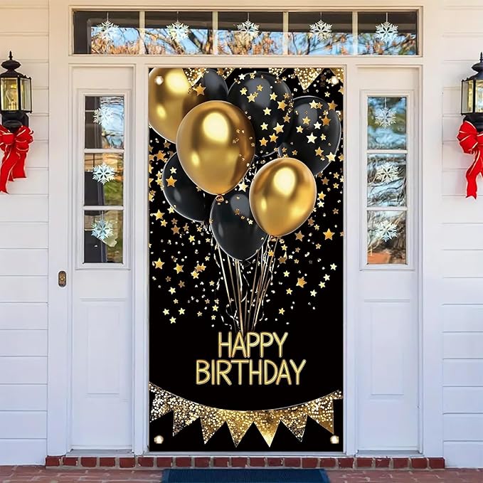 Happy Birthday Door Banner Decorations - Black and Gold Birthday Door Cover for Men Women, 35" x 71" Vertical Front Door Hanging Sign, Reusable Party Supplies for 18th 21st 30th 40th 50th 60th