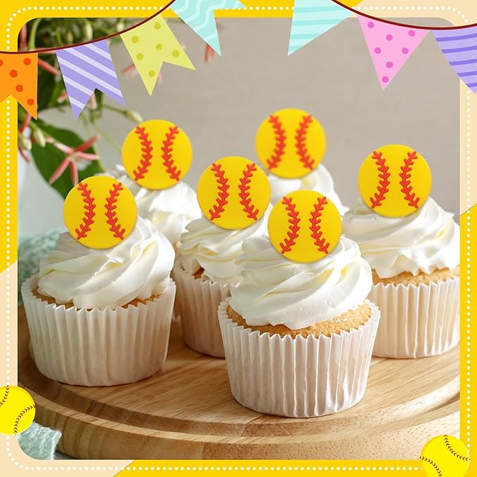 Honeydak 48 Pcs Softball Cupcake Rings Toppers Decoration Sport Ball Theme Cake Picks Softball Party Decoration Sport Cupcake Toppers Rings for Birthday Party Supplies