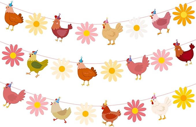 Chicken and Daisy Banners Chicken Birthday Party Decorations 2PCS Chick Hen Boho Flower Cutout Banner Farm Theme Decor for The Chick is One Birthday Party Supplies