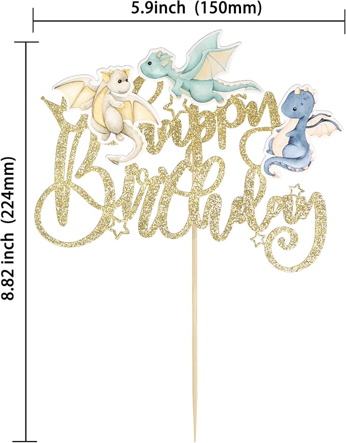Ephlyn 1Pcs Dragon Happy Birthday Cake Topper Magical Dragon Cake Decorations for Fantasy Parties Flying Dragon Baby Shower Party Supplies