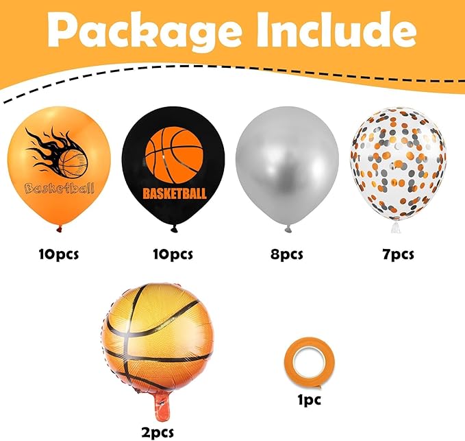 Basketball Balloons, Orange Black Metallic Silver Confetti Balloons with Basketball Foil Balloon for Boy Birthday Sport Party Graduation Baby Shower Backdrop