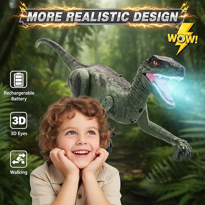 Remote Control Dinosaur, Dinosaur Toys for Kids 3-5, 5-7, 2.4GHZ, Walking,Rechargeable, 3D Eyes, 3 Sound Effects, Demo Function, Interactive Dino with Light Roar Spray (Large)