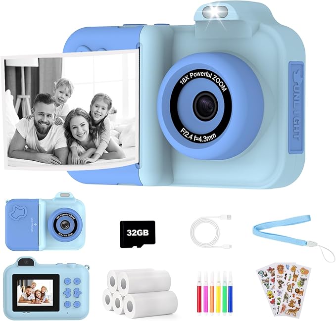 Kids Camera Instant Print, 1080P HD Dual-Lens Selfie,Toddler Digital Camera with 5 Rolls Paper & 32GB Card, Children Christmas Birthday Gifts Toys for Age 3 4 5 6 7 8 9 10 11 12 Years Old Girls Boys