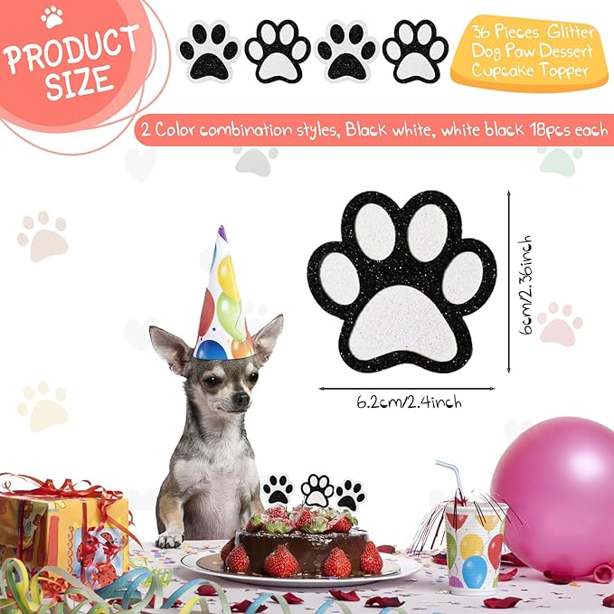 36 Pcs Paw Cupcake Toppers Glitter Dog Paw Cake Decorations Black White Glitter Puppy Cupcake Toppers for Baby Shower Boys Girls Birthday Party Cake Supplies (2 Styles)