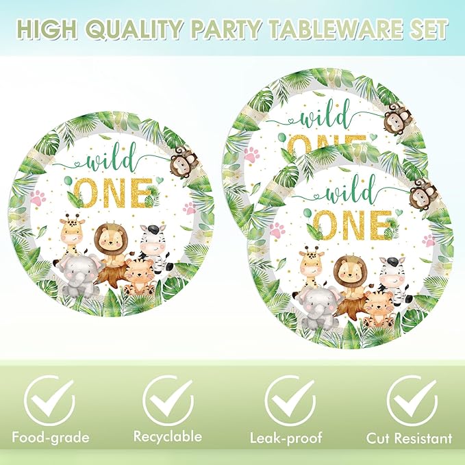 40PCS Wild One Birthday Decorations First Birthday Party Jungle Animal Safari Baby Shower Woodland themed Tableware Set Include Paper Plates, Napkins for Boys 1st Kids Wild One Party Supplies