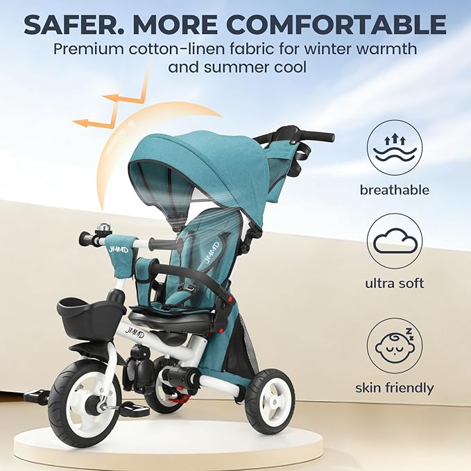 JMMD 8 in 1 Tricycle Stroller with Push Handle, Foldable Trike with 360° Swivel Seat, Reclining Backrest, All-Terrain Wheels, Dual Brakes, Canopy & Storage, Gift for Kids 18 Months to 5 Years, Green