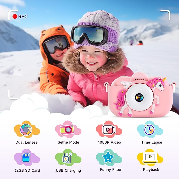 Kids Camera Digital Camera for Age 3-8, 1080P Toddler Camera for Kid with 32GB SD Card, Toddler Girls Toys Age 6-9, Christmas Birthday Gifts for Children, Peach Pink